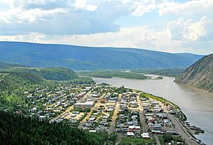 Aerial view of Dawson City and the Yukon River