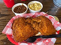 Half-chicken (dark meat) at Hattie B's with side of baked beans and mac & cheese