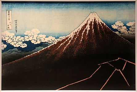 Katsushika Hokusai, tempesta sotto la vetta, dalla serie delle 36 vedute del monte fuji, 1831 ca