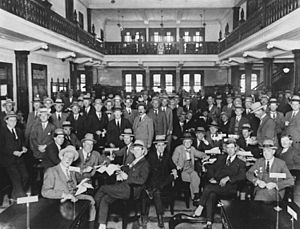 Settling day for bookmakers and clients at Tattersalls Club on Edward Street Brisbane, 1926