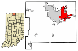 Location of Mishawaka in St. Joseph County, Indiana.