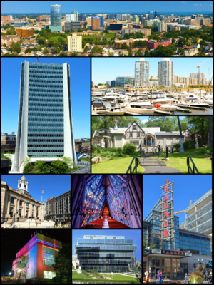 Clockwise, from top: Downtown Stamford, Harbor Point, Stamford Museum & Nature Center, Stamford Center for the Arts, Fish Church, One Stamford Forum, Stamford Transportation Center, Old Town Hall, One Landmark Square