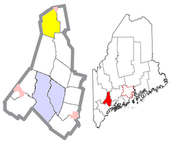 Location of Livermore (in yellow) in Androscoggin County and the state of Maine