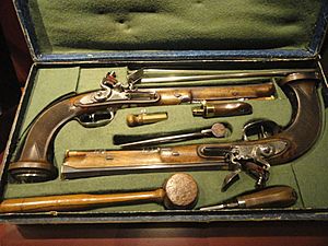 French cased duelling pistols, Nicolas Noel Boutet, single shot, percussion, rifled, .58 caliber, blued steel, Versailles, 1794-1797 - Royal Ontario Museum - DSC09477