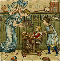 a tall female fairy in a draped gown passing a posey of flowers to a small child in a wicker push chair pushed by an older child wearing a green dress and a patterned pinafore against a nursery background with cupboards and toys