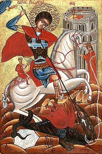 Orthodox Bulgarian icon of St. George fighting the dragon.jpg