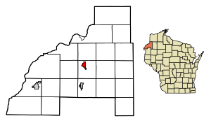 Location of Webster in Burnett County, Wisconsin.