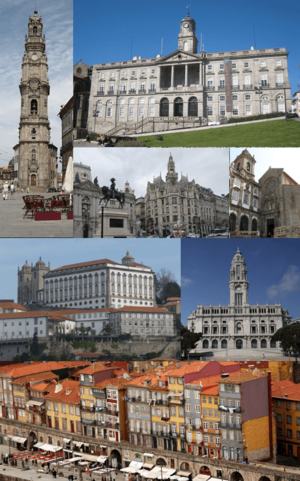 From the top left corner clockwise: Clérigos Tower; Palácio da Bolsa; Avenida dos Aliados; Church of São Francisco; Porto Cathedral; Porto City Hall; Ribeira