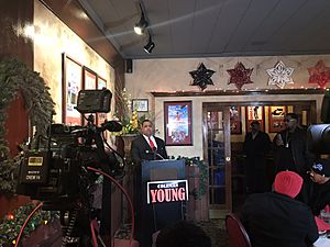 Senator Coleman Young II (D-Detroit) announces his run for the 13th Congressional District at Mario's