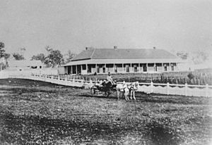 StateLibQld 1 170663 Open carriage outside the Westbrook Station homestead, ca. 1877