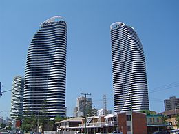The Hinterland tower on the left and the Beach tower on the right