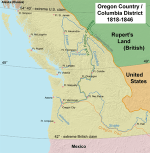 Map of the Oregon Country "jointly occupied" by the United States and the United Kingdom; the Columbia Department at its greatest extent included areas far to the north and to the south.