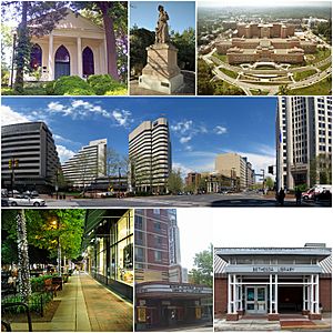 From top: Bethesda Meeting House, Bethesda's Madonna of the Trail statue, the National Institutes of Health, downtown Bethesda near the Bethesda Metro station, Bethesda Avenue at night, Bethesda Theatre, and the Connie Morella  Library.