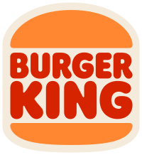 Red text spelling "Burger King" in a fanciful orange and blue circle.