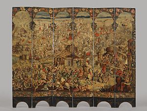 González Family biombo enconchado of Siege of Belgrade (with Hunting Scene on reverse) c. 1697-1701