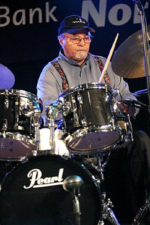Cobb behind a drum kit