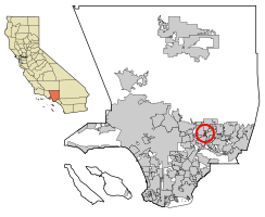 Location of Mayflower Village in Los Angeles County, California.