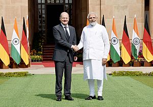 PM Narendra Modi meets the Federal Chancellor of the Federal Republic of Germany, Mr. Olaf Scholz at Hyderabad House