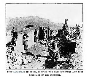 Photograph with the caption 'Fort Saragarhi (Saragarhi) in Ruins, Showing the Main Entrance and Fort Lockhart in the Distance'
