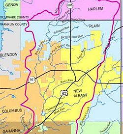 The course of the Rocky Fork Creek in New Albany (yellow) and Plain Township (blue), in the northeastern corner of Franklin County