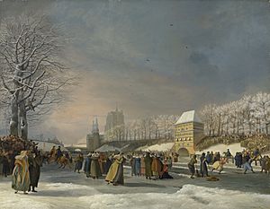 Schaatswedstrijd voor vrouwen op de Stadsgracht in Leeuwarden - 21 januari 1809 - Nicolaas Baur - 1809 - SK-A-5020 - Rijksmuseum