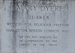 Dyer.Mary.Inscription beneath statue at Massachusetts State House