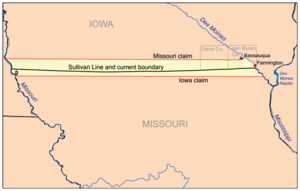 Map showing Des Moines Rapids in relation to the Sullivan Line which was subject of the Honey War.