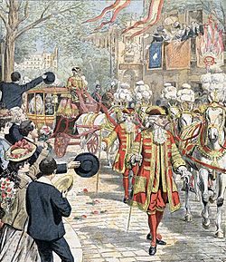 An illustrated carriage procession with attendants in red and gold approaches the foreground as onlookers in wave and point