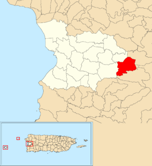 Location of Montoso within the municipality of Mayagüez shown in red