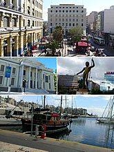Clockwise: Piraeus station, a statue of Poseidon, Mikrolimano and Piraeus Municipal Theatre