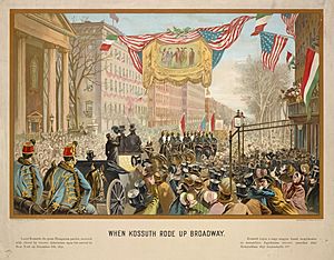 When Kossuth rode up Broadway. Below, left- Louis Kossuth, the great Hungarian patriot, received with cheers by 100,000 Americans upon his arrival in New York on December 6th, 1851 (NYPL Hades-1788354-1659158)
