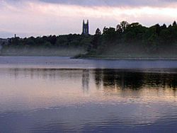 The Chestnut Hill Reservoir is located in the Brighton neighborhood. (Boston College can be seen in the background).