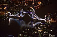 Tower Bridge, aerial view, white lights, bridge open