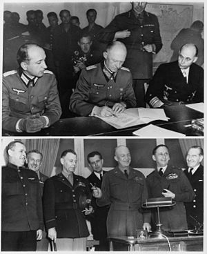 (Top) - German officers sign unconditional surrender in Reims, France. (Bottom) - Allied force leaders at the signing. - NARA - 195337