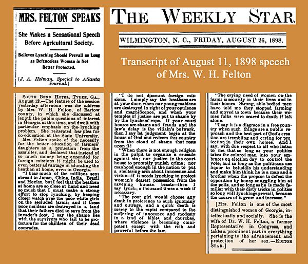 18980826 Mrs. Felton Speaks - lynching - The Wilmington Weekly Star