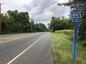 2018-09-07 14 20 50 View north along Gloucester County Route 553 (Woodbury-Glassboro Road) just north of Salina Road and Bark Bridge Road along the border of Deptford Township and Wenonah in Gloucester County, New Jersey