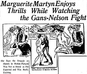 Sketch by Marguerite Martyn of women watching motion picture of Gans-Nelson prizefight, 1908