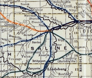 Stouffer's Railroad Map of Kansas 1915-1918 Saline County
