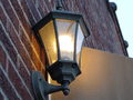 A CFL Light Bulb on a wall in a black lantern in South Carolina