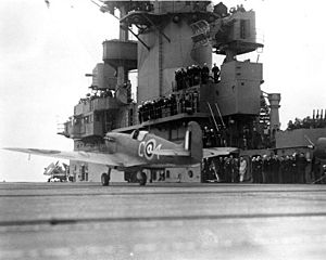 British Spitfire takes off from USS Wasp (CV-7)