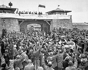 Mauthausen survivors cheer the soldiers of the Eleventh Armored Division