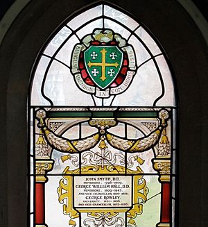 Photograph of stained glass in the Grundy Library (by Charles Eamer Kempe).jpg