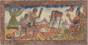 Matanza de comerciantes mexicas en Quetzaltepec, en el folio 165r