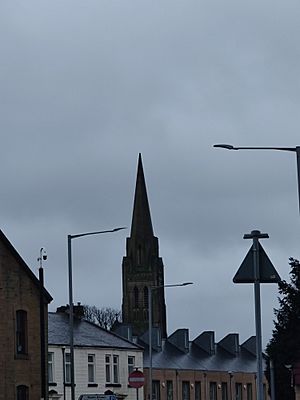 Spire of St Mary's Church from Nelson town centre.jpg