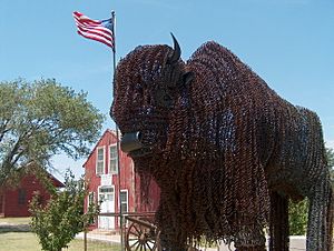 Barbed-wire buffalo sculpture stands in front of the Fort Wallace Museum (2006)