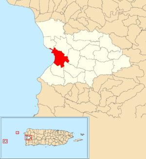 Location of Mayagüez barrio-pueblo within the municipality of Mayagüez shown in red