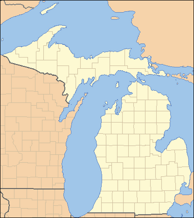 A map of Michigan showing its divisions into 83 counties. Each county is labeled with two letters. There is a smaller map of the United States in the bottom left corner with Michigan highlighted.