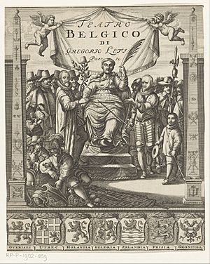 Allegorische voorstelling met prinsen van Oranje Willem I en Maurits Titelpagina voor Gregorio Leti, Teatro Belgico, 1690, RP-P-1982-1239