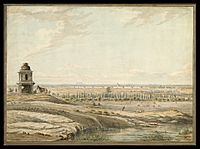 East view of Bangalore, with a small shrine and a dismounted horseman in the foreground, and cattle grazing beyond.