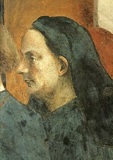 Masaccio, cappella brancacci, san pietro in cattedra. ritratto di filippo brunelleschi
